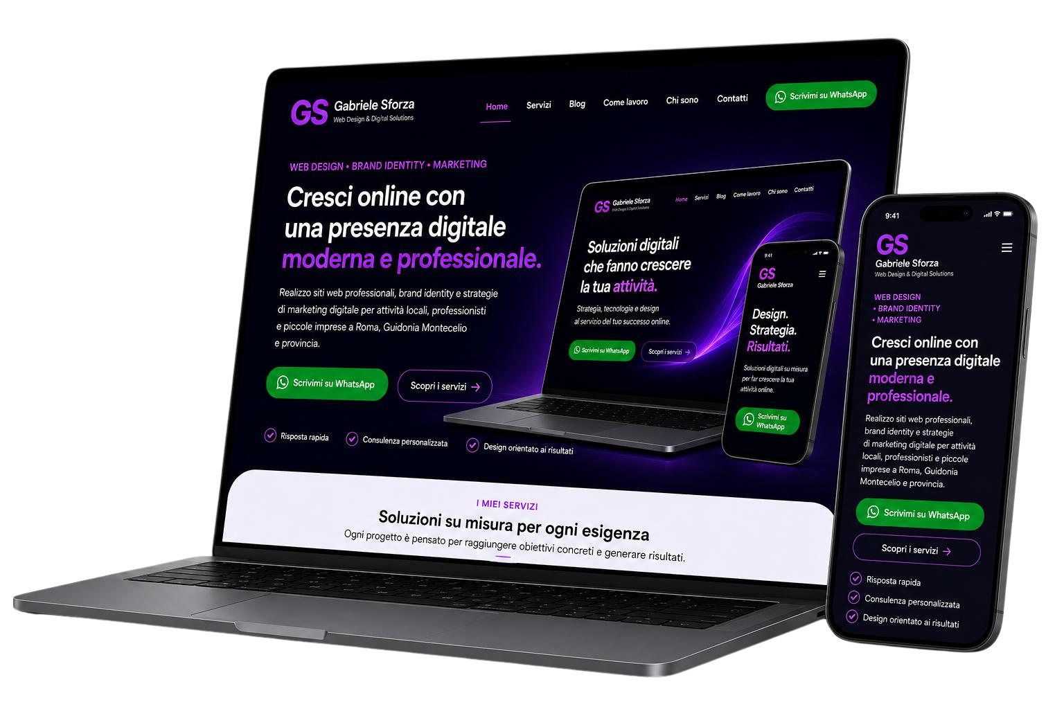 Mockup premium sito web responsive con dashboard SEO, analytics e crescita digitale