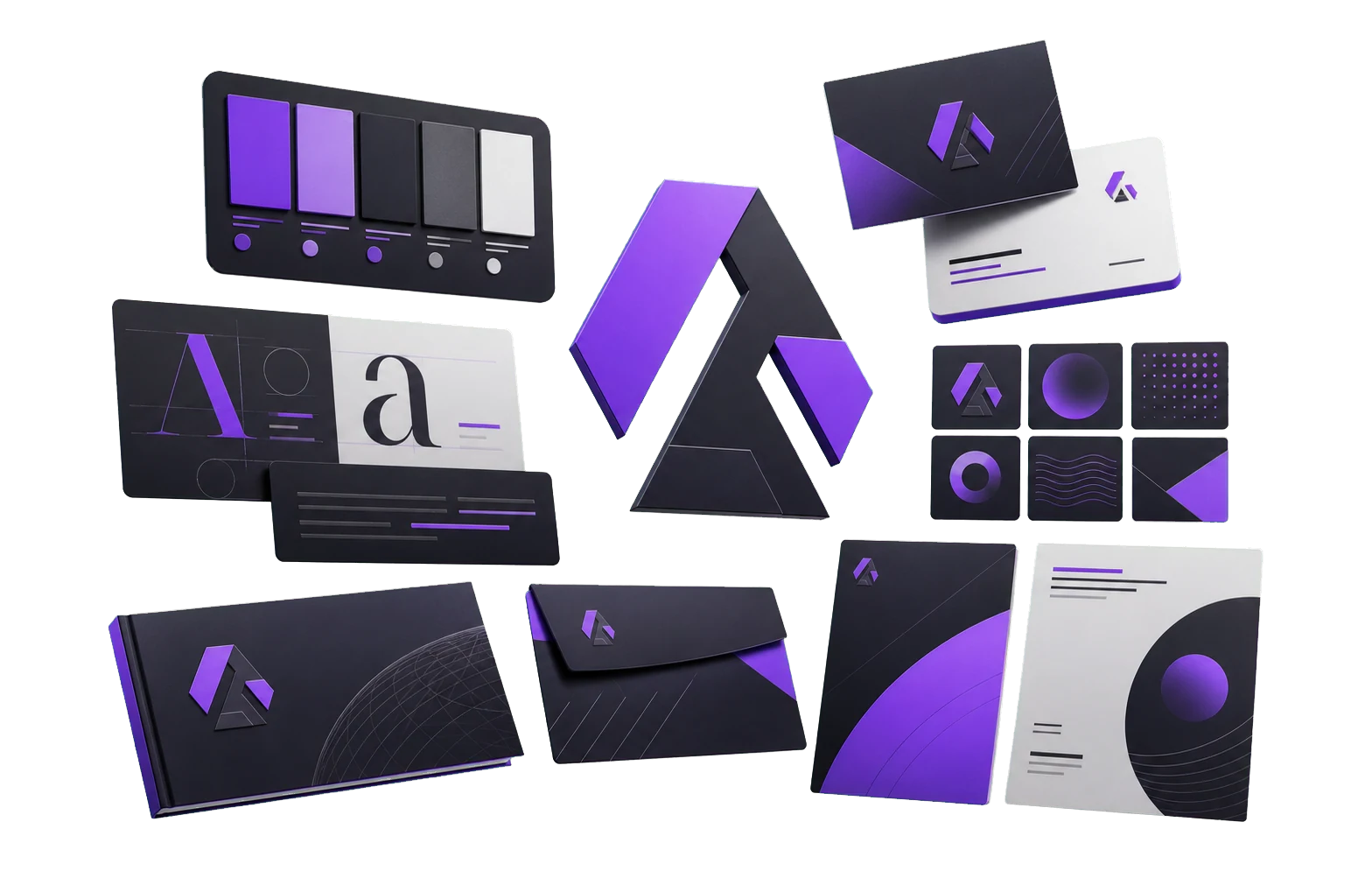 Sistema di brand identity con logo, palette colori, tipografia, biglietti da visita e social kit