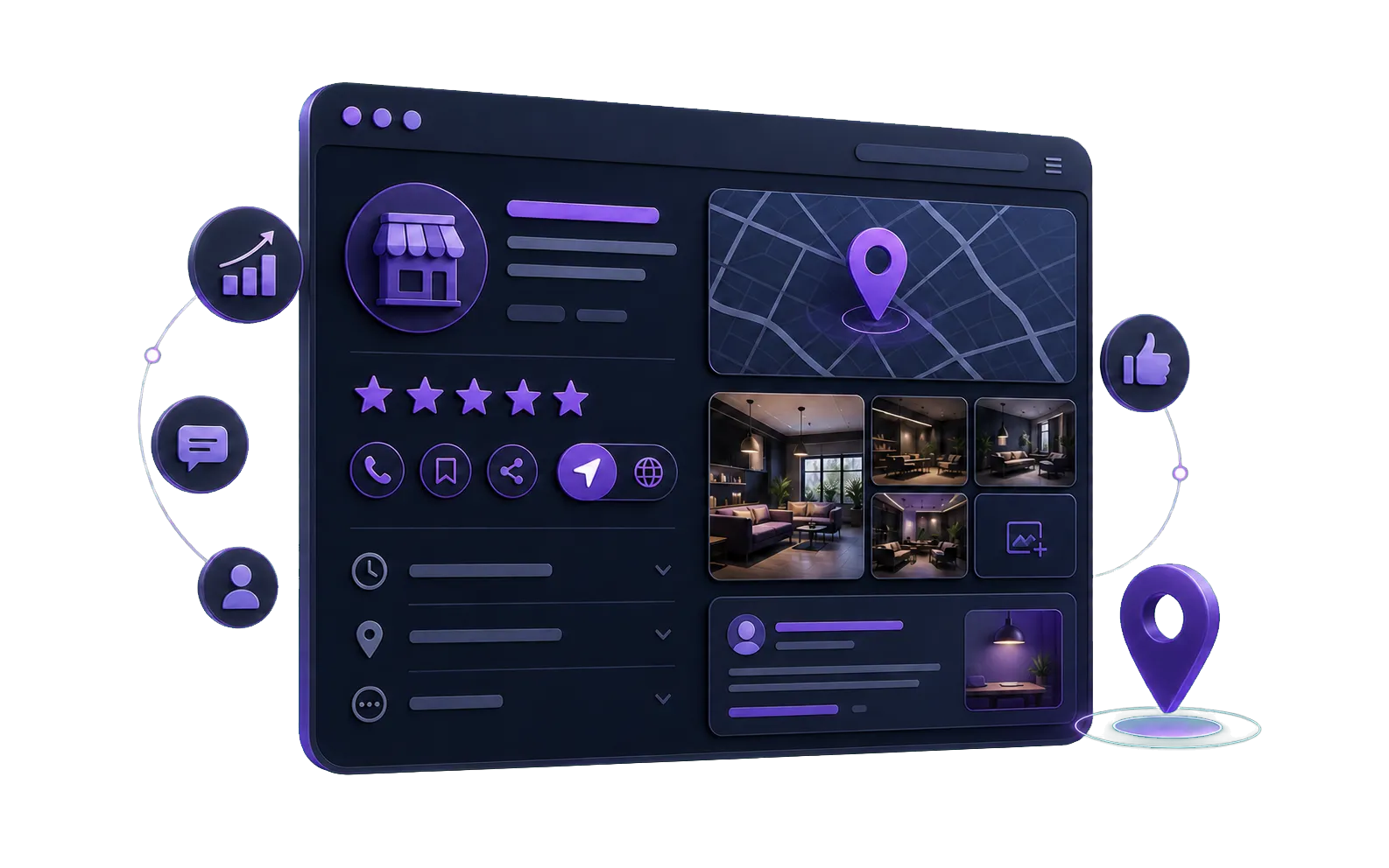 Scheda Google Business Profile con mappa, recensioni, chiamate, foto e aggiornamenti