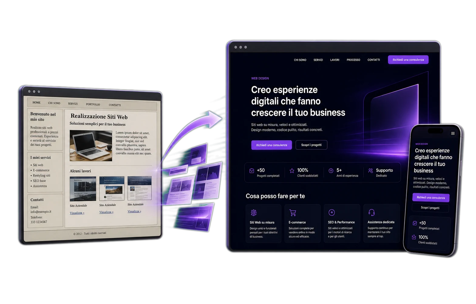 Confronto prima e dopo del restyling di un sito web su desktop e smartphone