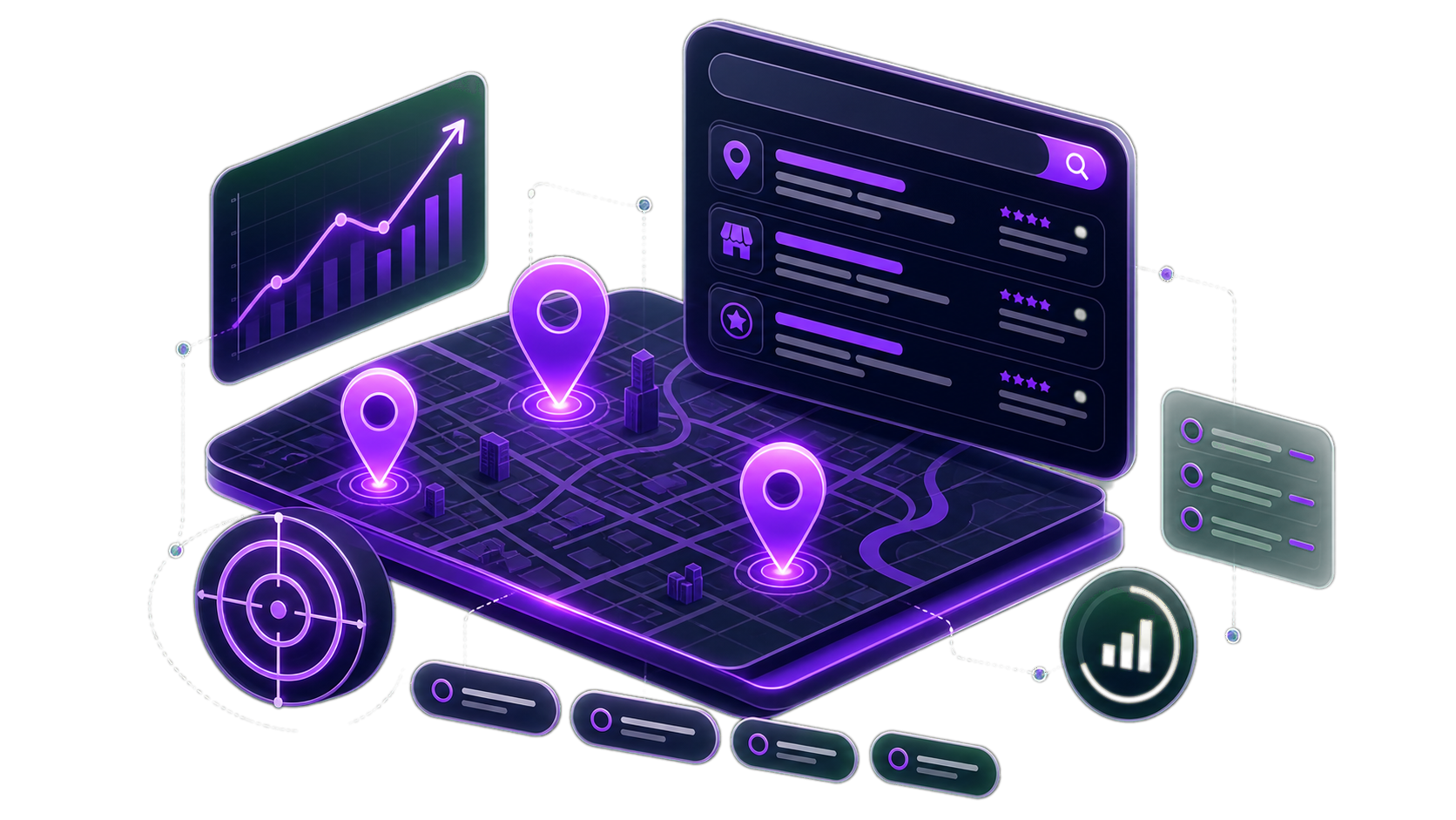 Visual SEO locale con mappa, risultati geolocalizzati e grafico di crescita