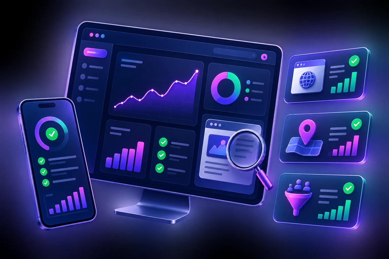 Dashboard di analisi della presenza digitale con controlli su sito, visibilità locale e conversioni